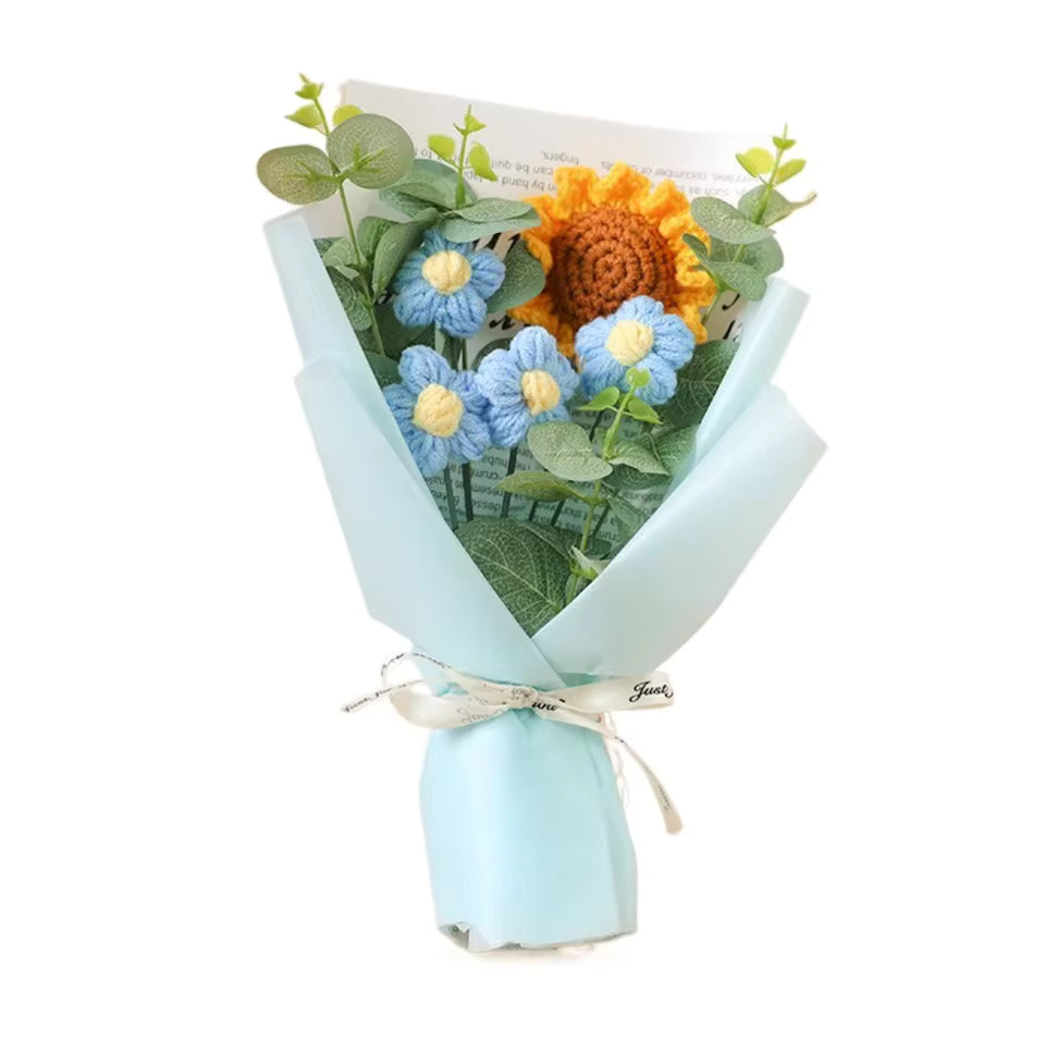 Blauw boeket met zonnebloem - 22cm